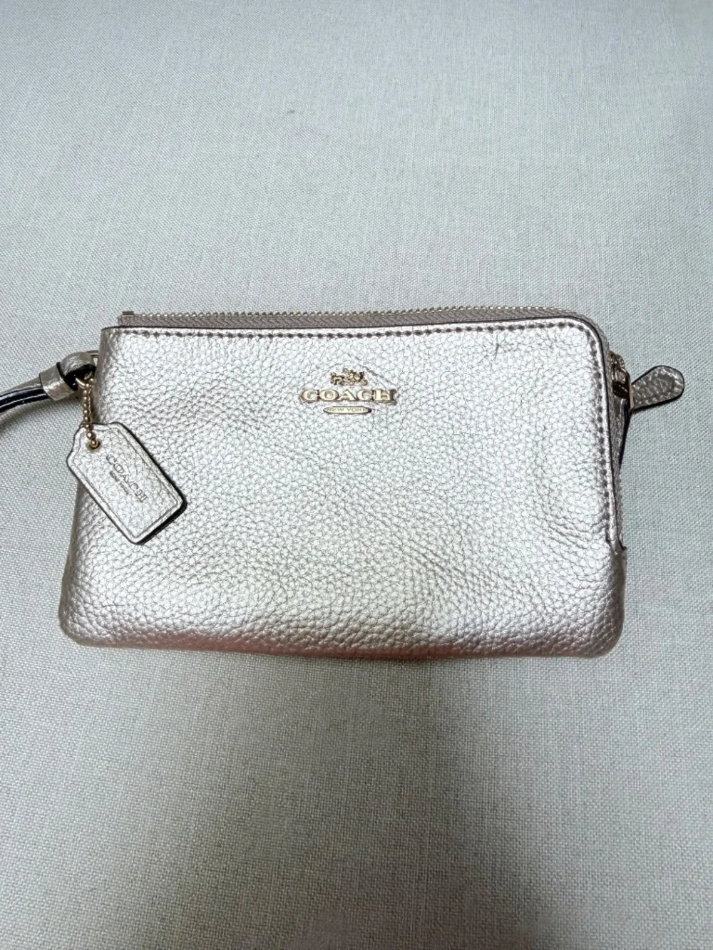 Coach Double Zip Wristlet Metallic Rose Gold
